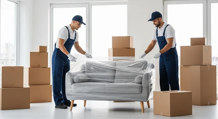 Profesionales de RapidGless embalando muebles para mudanza